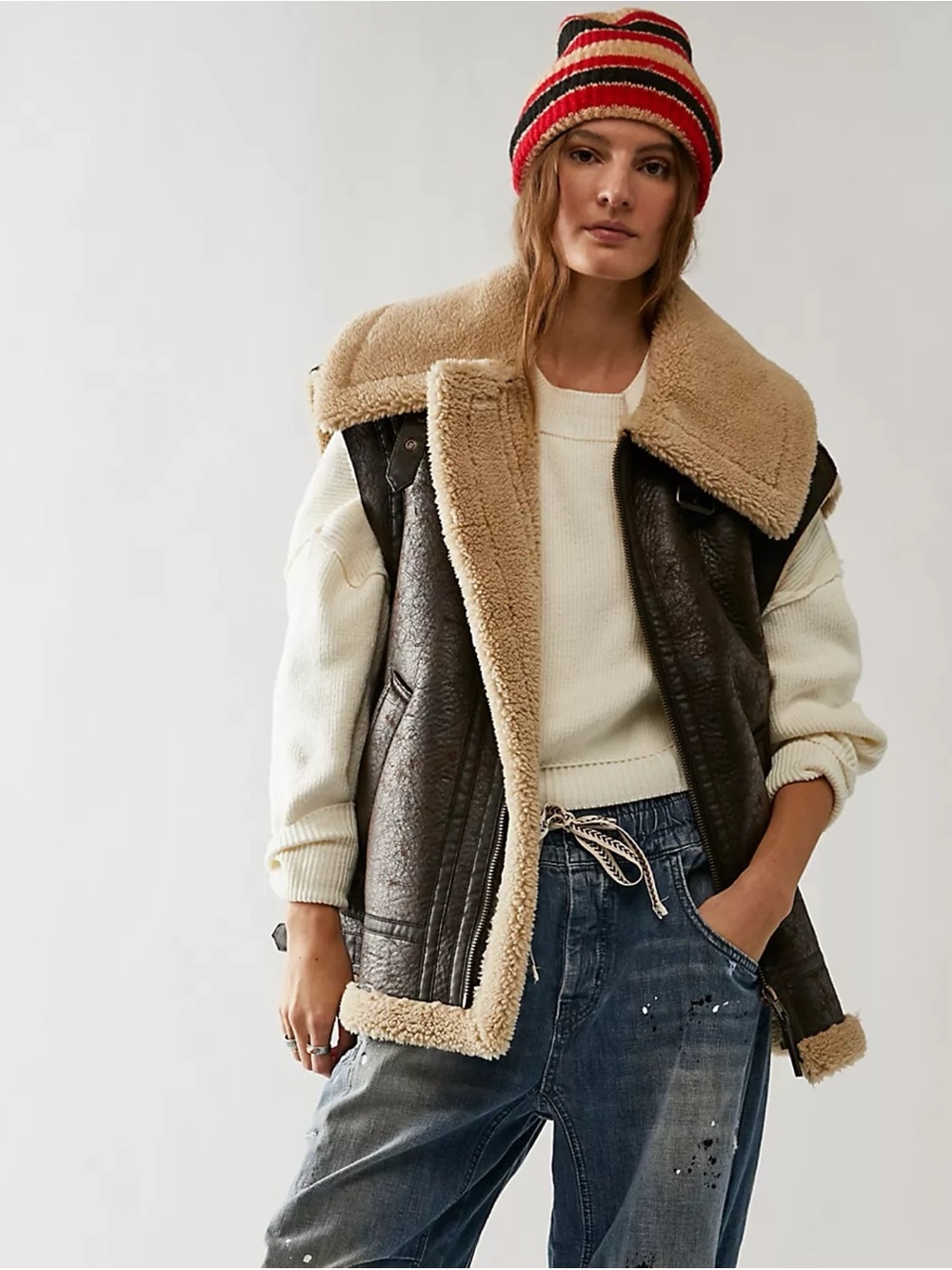 New Free People Bad Habits Cozy Sherpa Lined Oversized Vest Brown Large
